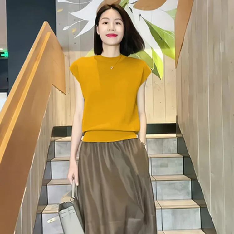 冰丝针织薄款欧货短袖T恤女百搭外穿时尚打底衫设计感半袖上衣夏