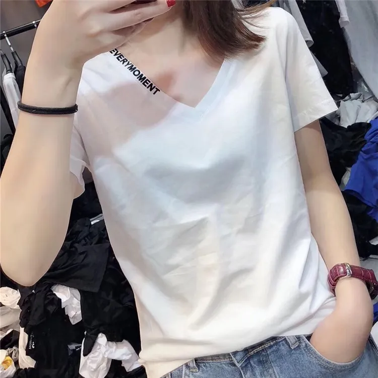 欧洲站2025夏季纯棉短袖T恤女宽松显瘦刺绣字母女装V领上衣打底衫