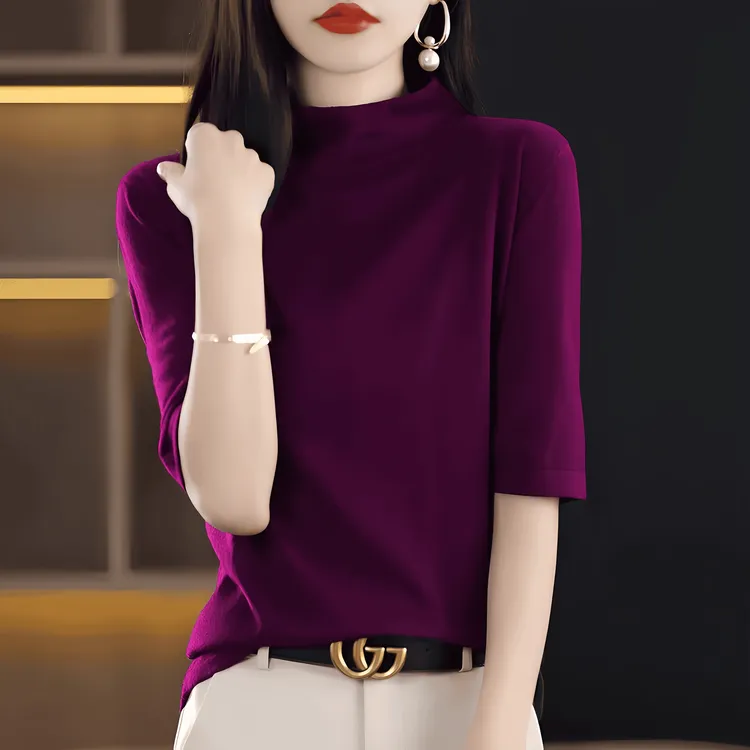 打底衫女春秋薄款宽松中袖T恤上衣洋气2025新款轻熟风紫色针织衫