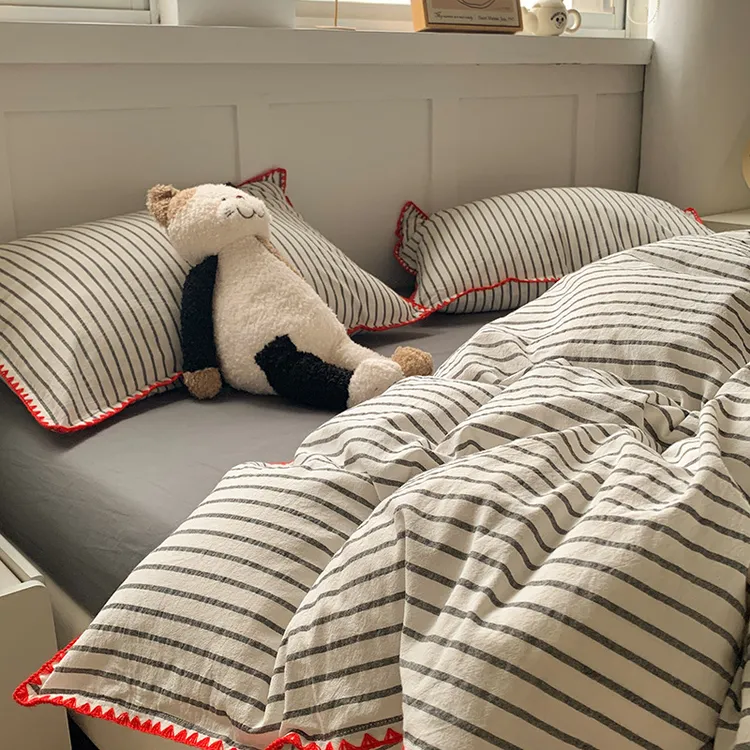 小清新三角针灰色条纹四件套全棉纯棉2024年新款一米五床公寓被套