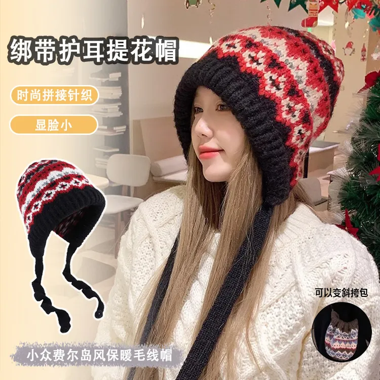 民族风针织帽子女秋冬季复古骑车保暖防风包包帽保暖护耳毛线帽潮