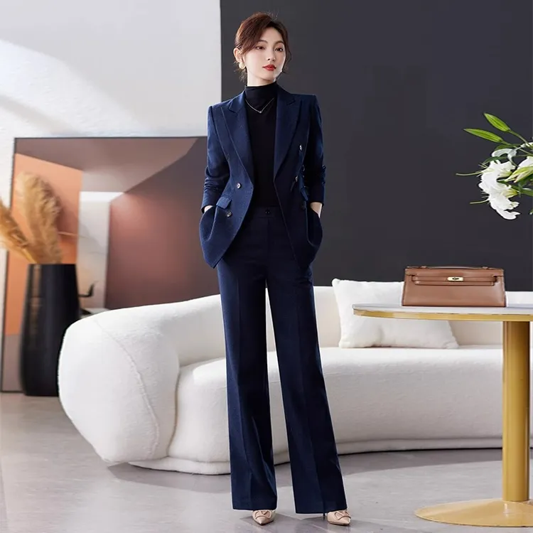 春秋磨毛职业西装套装喇叭裤女西服黑色工装酒店工作服面试穿搭