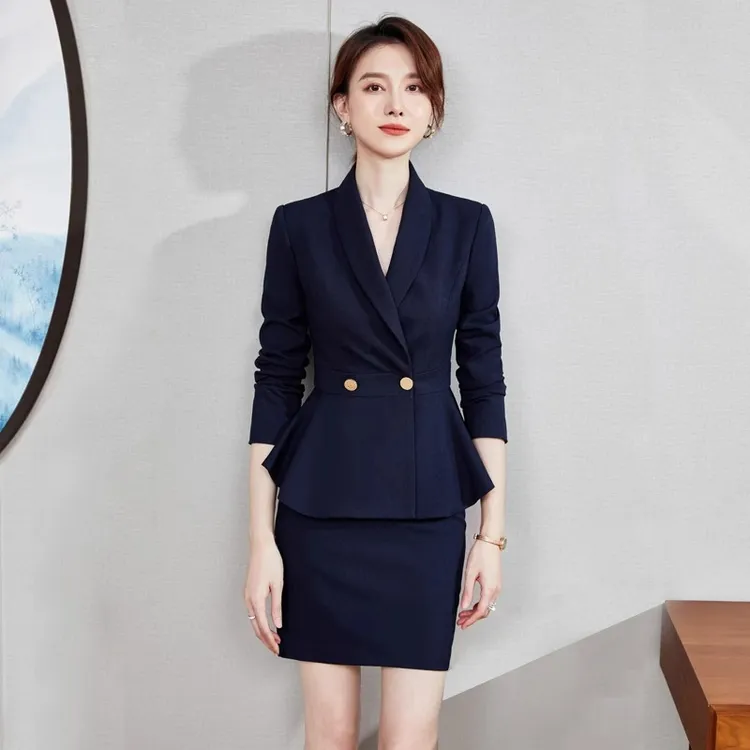 西装气质修身荷叶边遮肚子案场客服珠宝店工作服套装女职业套裙秋