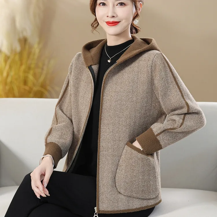 中老年胖妈妈春秋大码仿毛呢外套中年女士秋冬连帽针织拉链开衫上