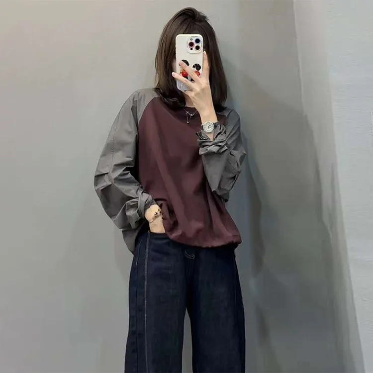 设计感拼接长袖撞色无帽卫衣女2025新款冬季宽松显瘦休闲气质上衣