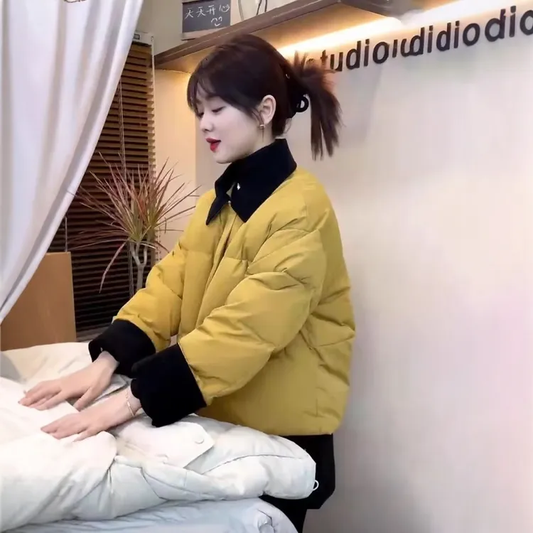 设计感撞色拼接翻领棉服外套女士冬季新款爆款时尚减龄棉衣面包服
