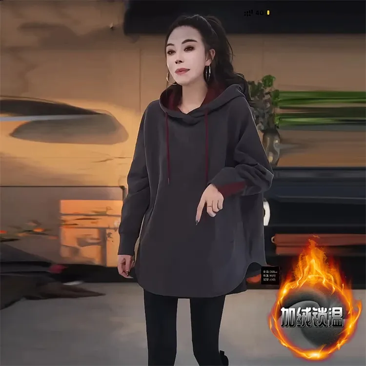 设计感拼接撞色加绒加厚连帽卫衣女2025冬季新款休闲保暖外套上衣