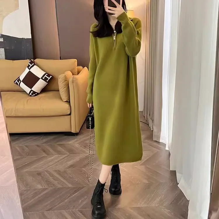 早秋韩系氛围感穿搭温柔纯色针织衫连衣裙女士遮肉显瘦中长款裙子