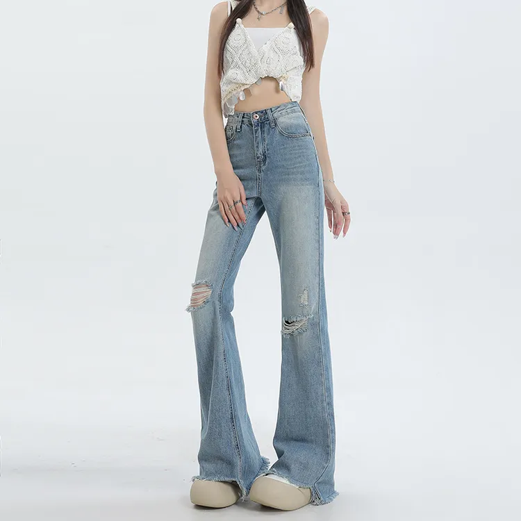 浅蓝破洞微喇牛仔裤女春夏季薄款2025新款高腰显瘦辣妹毛边喇叭裤