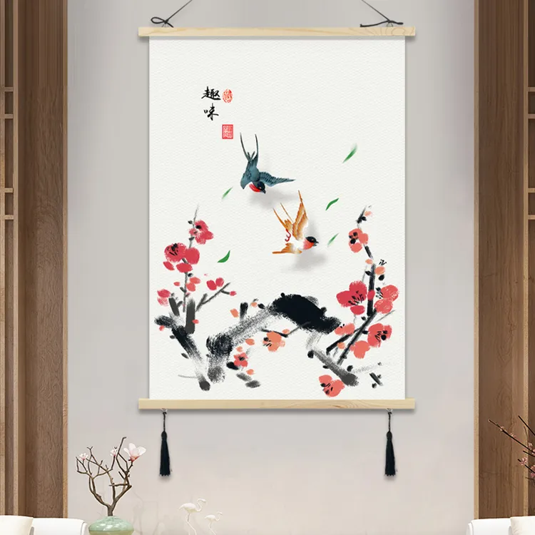新中式玄关装饰画茶台背景墙挂画中国风电表箱复古挂墙画房间床头