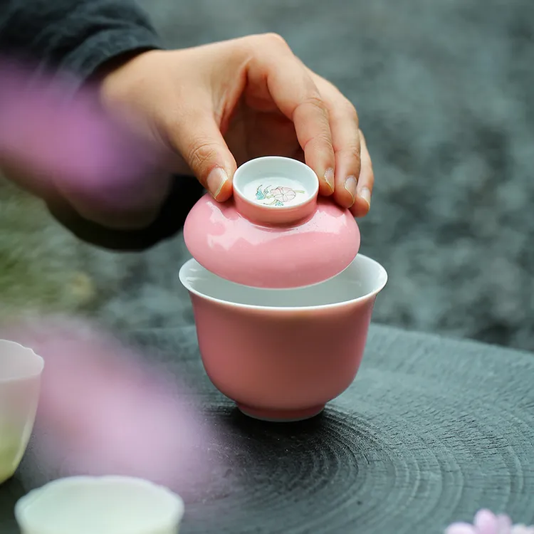 粉桃红釉内绘盖碗茶杯单个家用不烫手抓碗泡茶器陶瓷茶碗带盖子