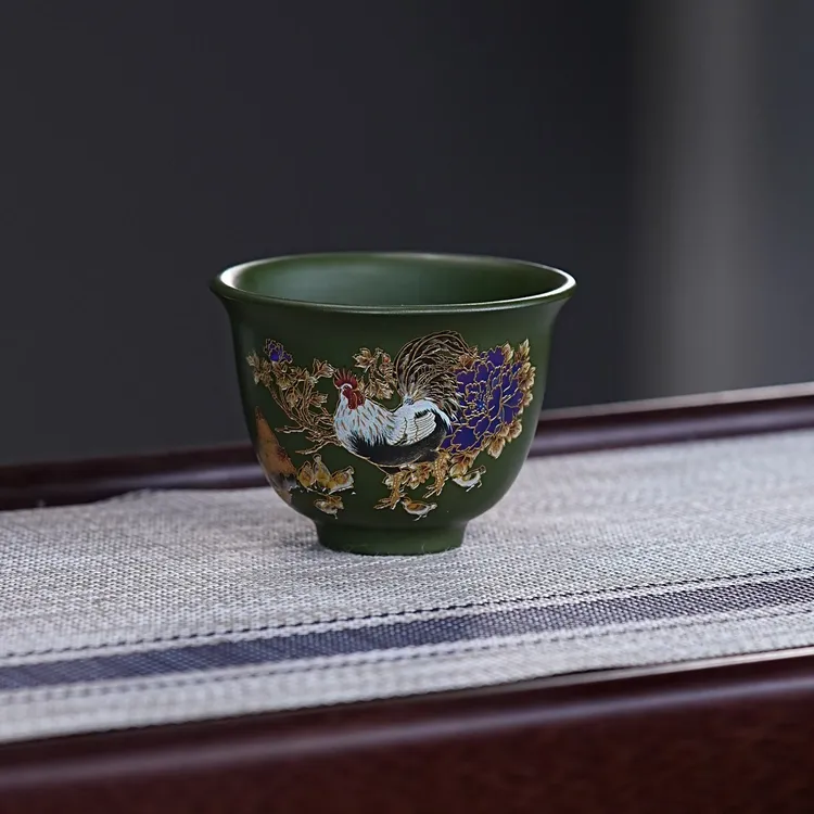 宜兴紫砂茶具 原矿绿泥泥料手绘公鸡主人杯品茗杯 A754