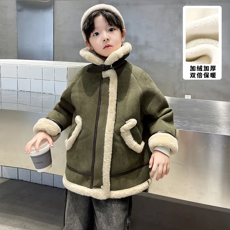 儿童装男童冬季加绒外套皮毛一体羊羔绒2025新款男孩冬装派克服潮