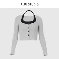 ALIU STUDIO 欧美ins短款性感高腰露脐假2件T恤长袖百搭修身打底