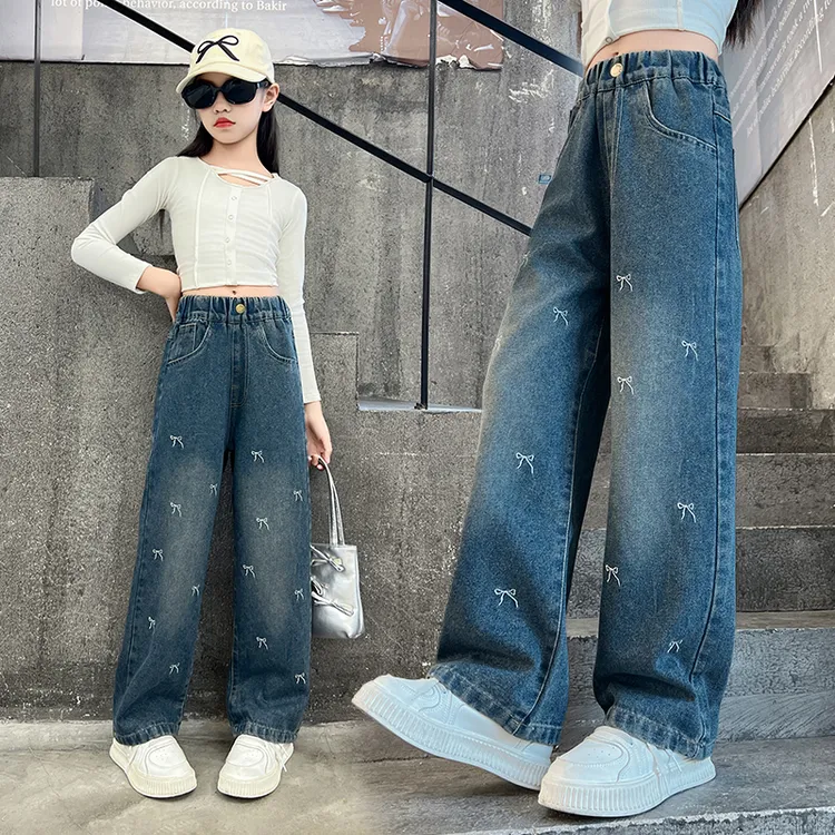 女童牛仔裤2025新款中大童春装宽松百搭初中生春秋款阔腿裤长裤