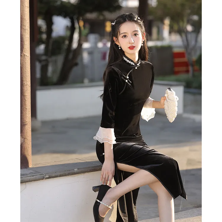 黑色丝绒旗袍春秋季中袖新款2025年轻款改良少女装高端气质老上海