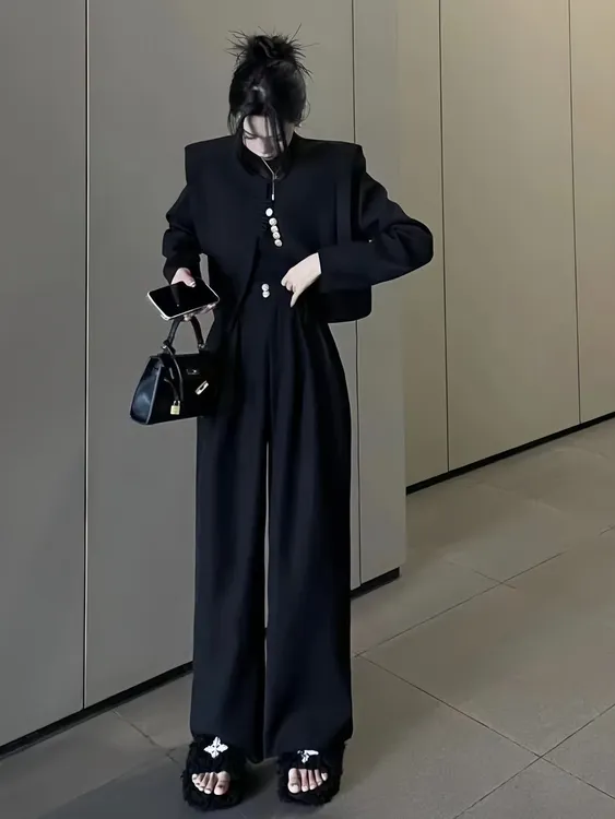 2024年春季新款国风时尚套装黑色短款减龄显瘦长袖上衣两件套女装