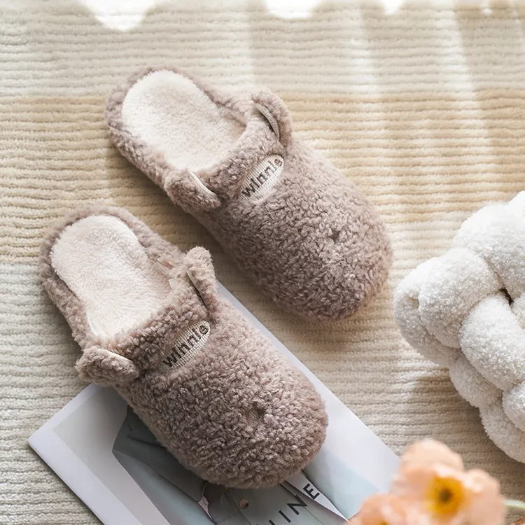 远港可爱小熊情侣秋冬季毛毛拖保暖居家室内男士加绒冬季外穿棉拖