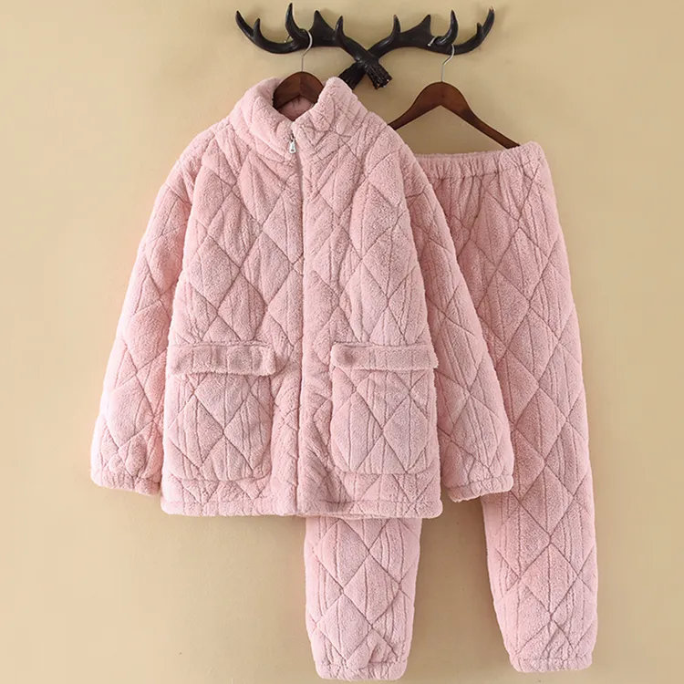 【超厚】女款夹棉睡衣冬天加厚三层保暖珊瑚绒棉袄高领家居服套装