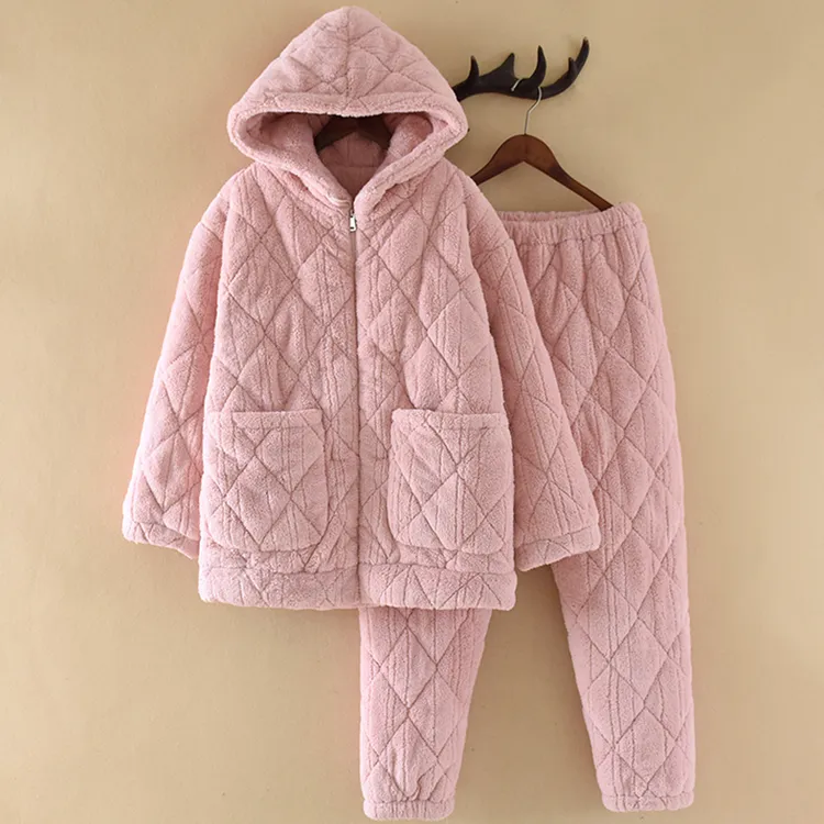 「超厚」保暖睡衣女冬三层加厚加绒珊瑚绒夹棉毛绒棉袄连帽家居服