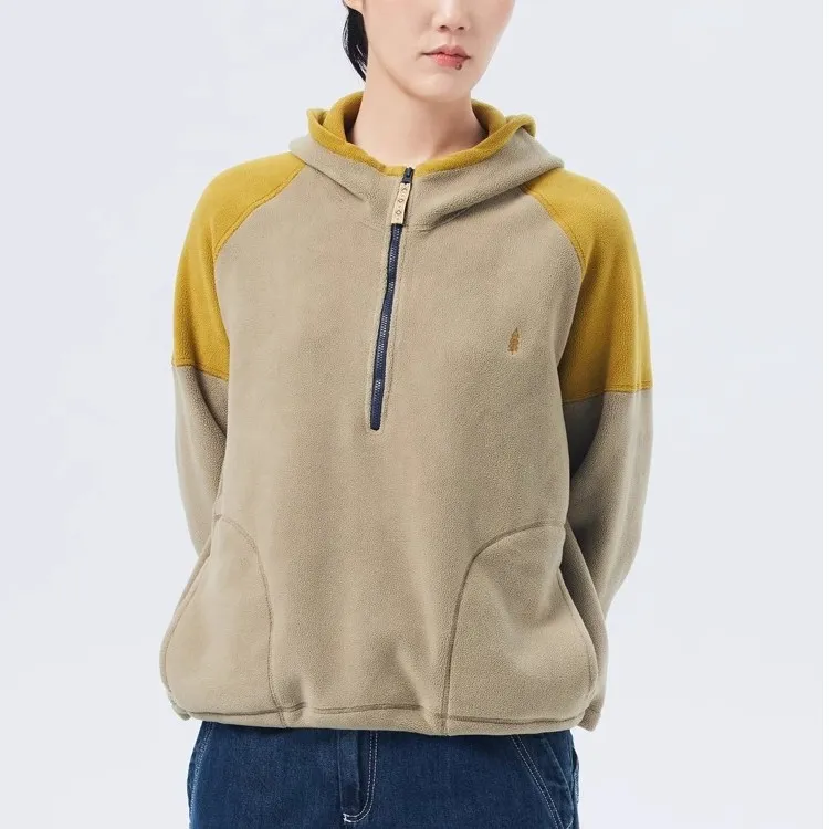 重磅双层摇粒绒秋季新品女黄绿拼接半开襟套头连帽卫衣热力感休闲