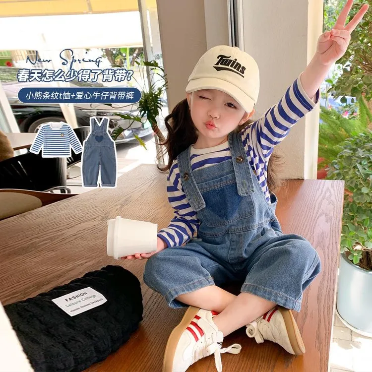 条纹牛仔背带裤长袖条纹T恤套装女宝宝中大童2024春秋款童装