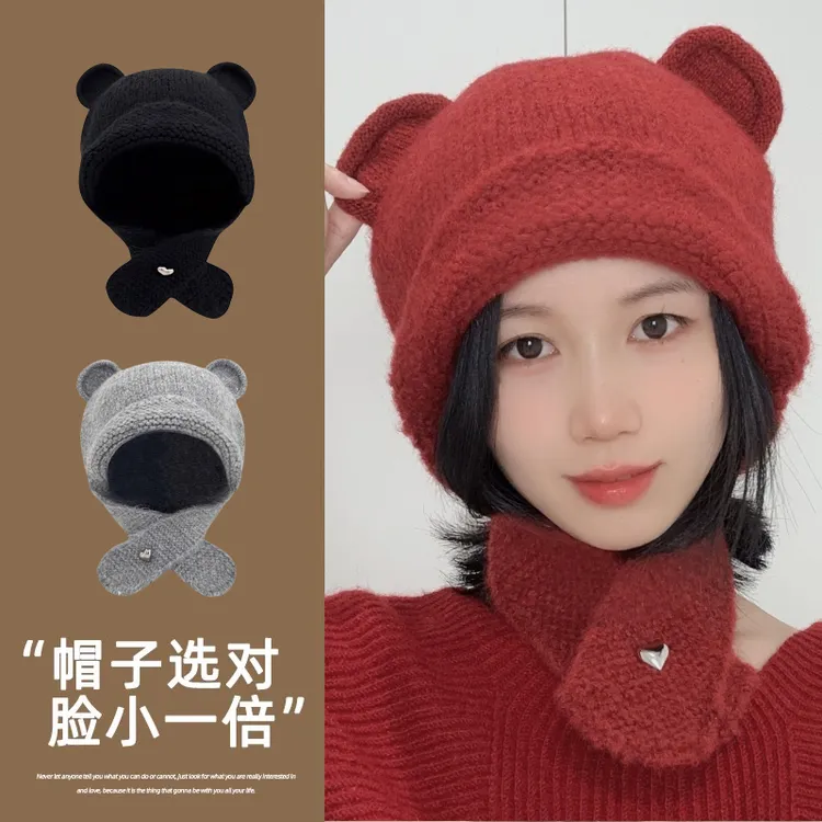 小熊毛线帽子女安可拉红可爱显脸小新款针织帽秋冬保暖护耳雷锋帽