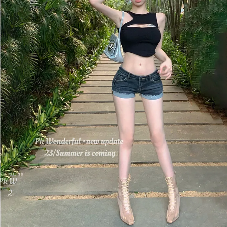 复古甜辣妹牛仔超短裤女夏季低腰显瘦卷边裤子小个子美式包臀热裤