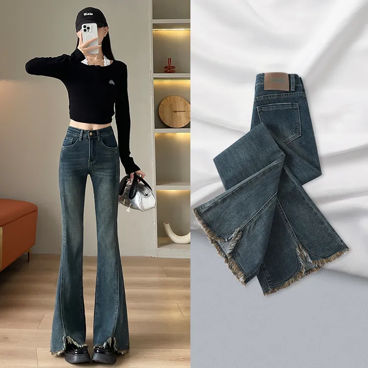 复古高腰微喇叭牛仔裤女2024春秋新款修身显瘦分叉毛边喇叭马蹄裤