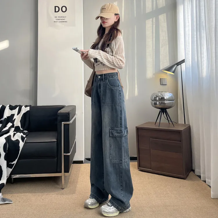 直筒牛仔高腰宽松牛仔裤子显瘦高街潮款拖地女款服装秋冬加绒新款