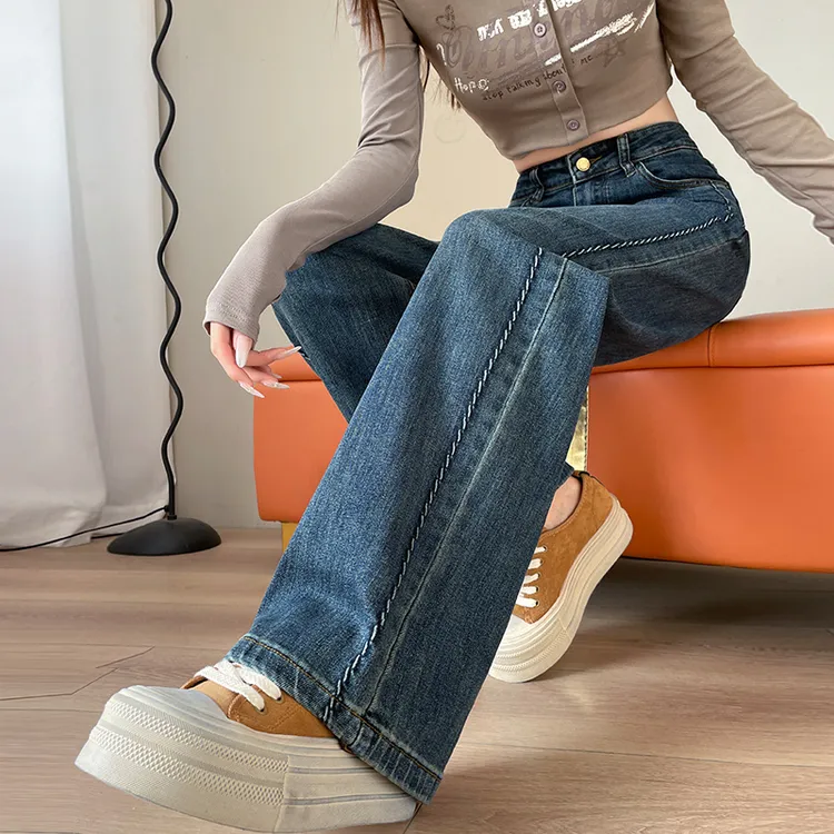 小众阔腿牛仔裤女加绒长裤秋冬季新款窄版宽松休闲小个子拖地裤子