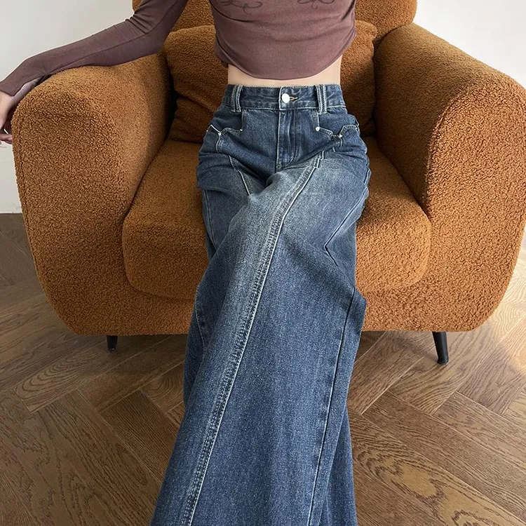 复古蓝高腰宽松牛仔裤女秋冬季2025新款宽松修身显瘦显腿长阔腿裤