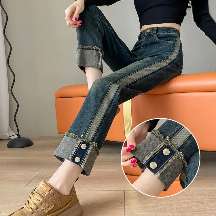 高腰九分烟管裤女牛仔裤2025年春秋新款小个子拼接直筒法棍裤子