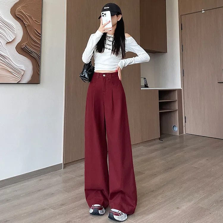 安可拉红休闲裤阔腿裤高腰女复古垂感裤子炸街2025炸街阔腿裤新款