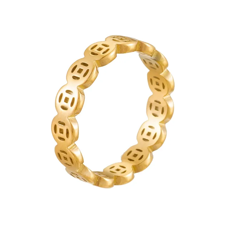 钛钢戒指 铜钱高级感轻奢素圈金色ins百搭气质男女情侣对戒手饰品