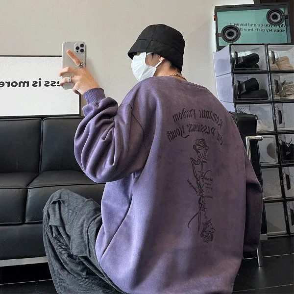 秋季仿麂皮绒男款圆领卫衣玫瑰印花美式高街宽松痞帅控设计感小众