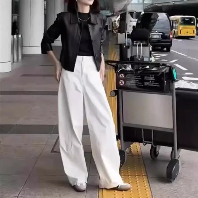 248032025秋季新款高级感翻领小皮衣外套白色休闲裤女