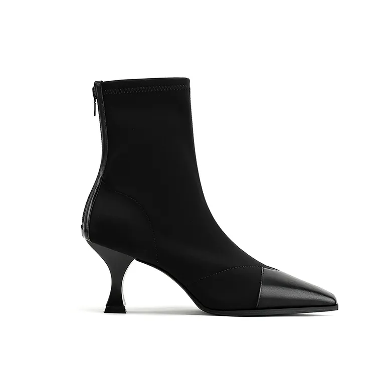 吸烟靴时尚百搭春秋尖头瘦瘦靴方头拼色弹力裸靴网红高跟瘦瘦靴