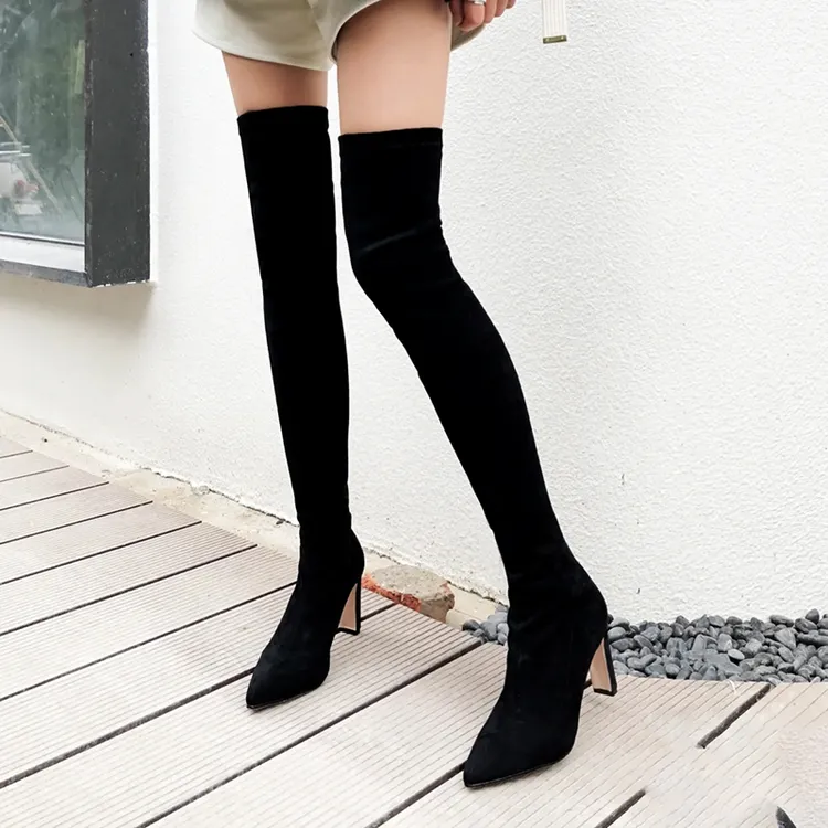 秋冬新款2024欧韩中跟女靴裸色粗跟尖头长靴瘦瘦靴过膝弹力靴子