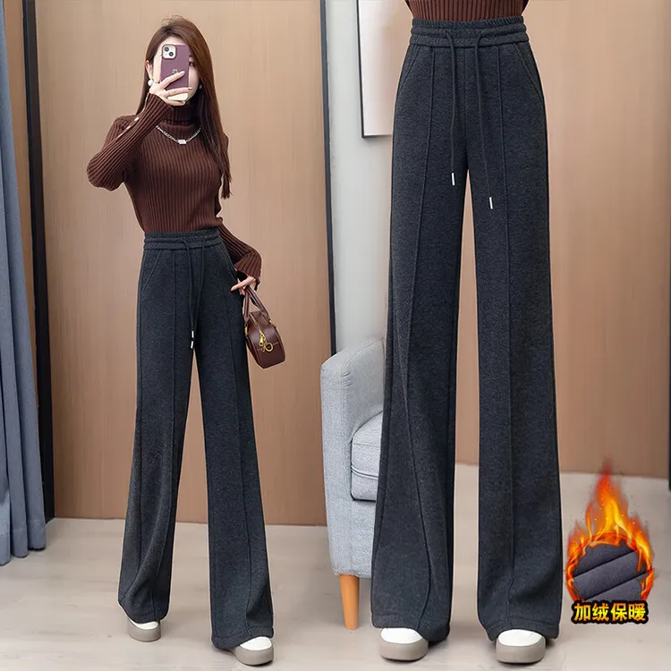 羊毛窄版阔腿休闲裤女2025秋冬新款高腰羊毛呢加厚保暖加绒直筒裤