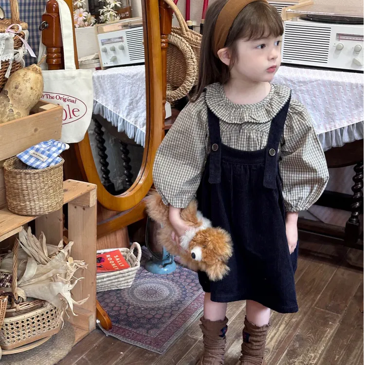 女童春季套装新款女宝宝可爱格子衬衫背带裙时尚两件套