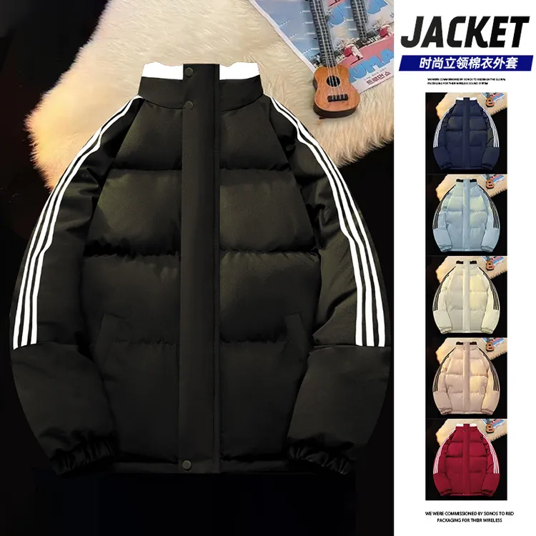 2024冬季新款时尚宽松防水防风情侣三条杠撞色棉衣加厚保暖立领防