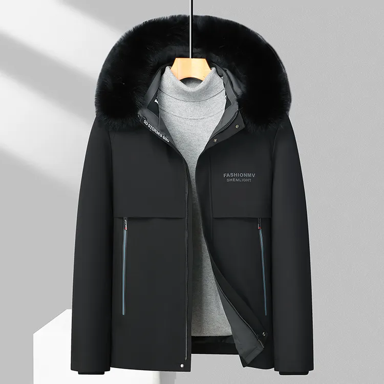 2023新款男士狐狸毛毛领保暖兔毛内胆外套休闲商务时尚派克服男款