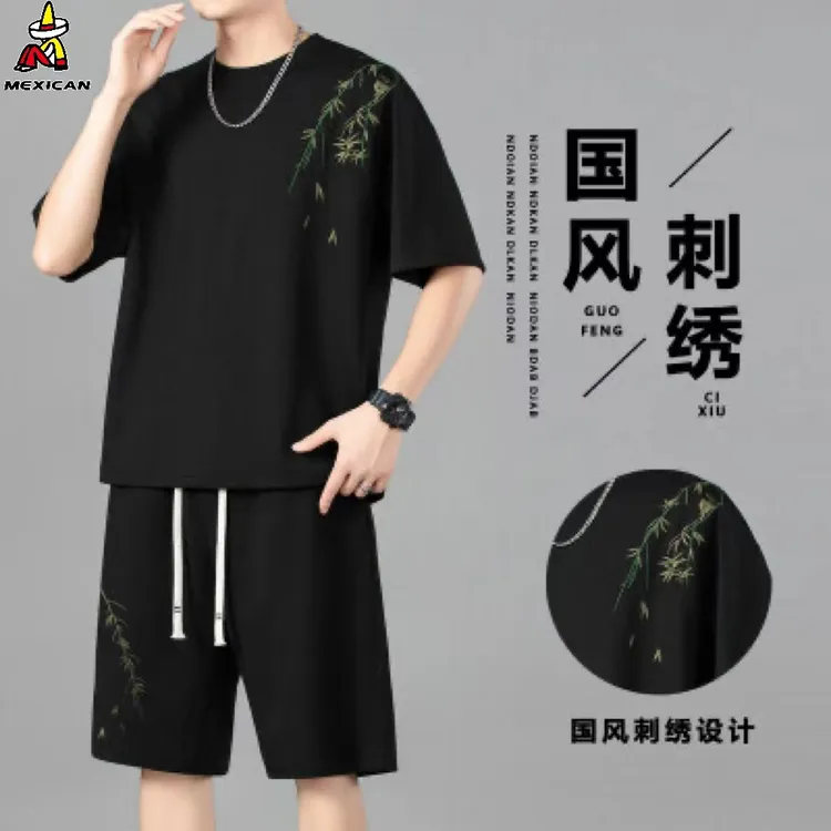 Mexican/稻草人男士夏季套装复古中国风休闲套装刺绣宽松透气潮流