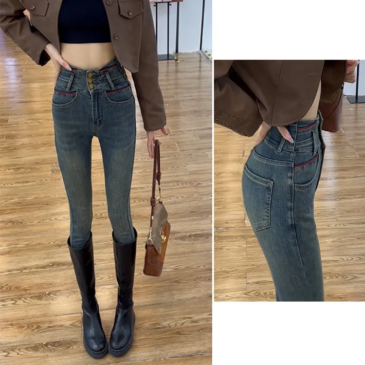 加绒复古超高腰紧身收腹小脚牛仔裤女士秋冬款显瘦弹力铅笔牛仔裤