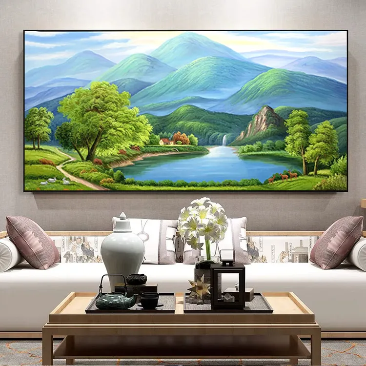 《青山绿水》原创高端纯手绘山水风景装饰画客厅沙发背景墙艺术挂画