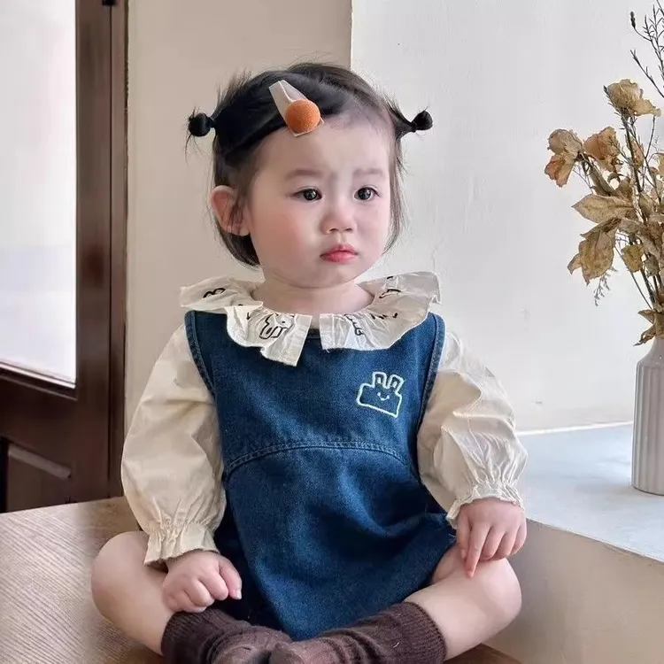女童婴幼儿新款春秋装爆款连衣裙衬衫宝宝牛仔套装洋气韩版背带两