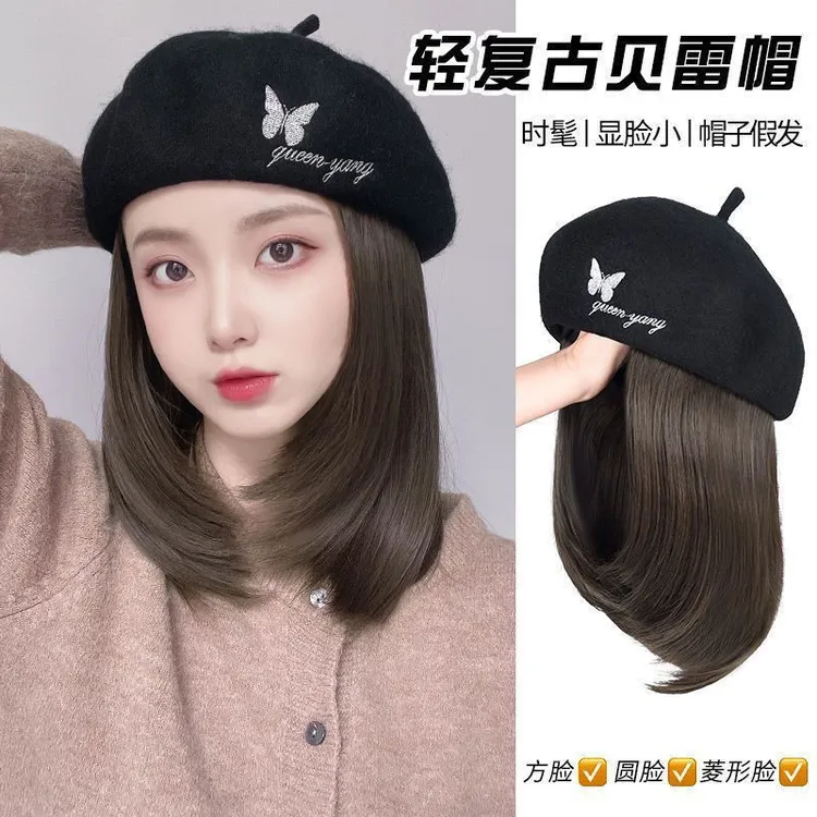 假发女短发帽子假发小香贝雷帽秋冬复古刺绣款帽子假发全头套
