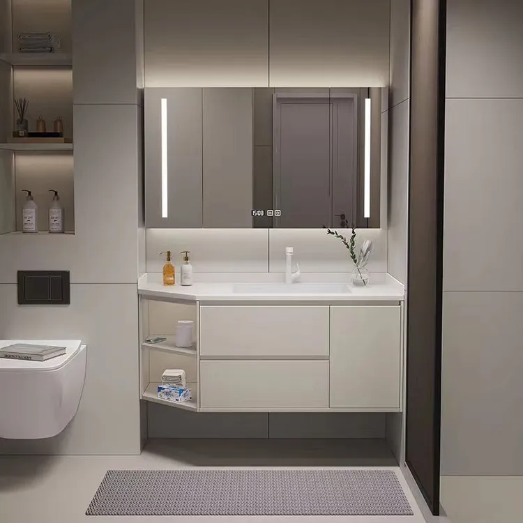 定制岩板切斜角无缝拼接浴室柜组合卫生间陶瓷洗手台洗漱池盆智能