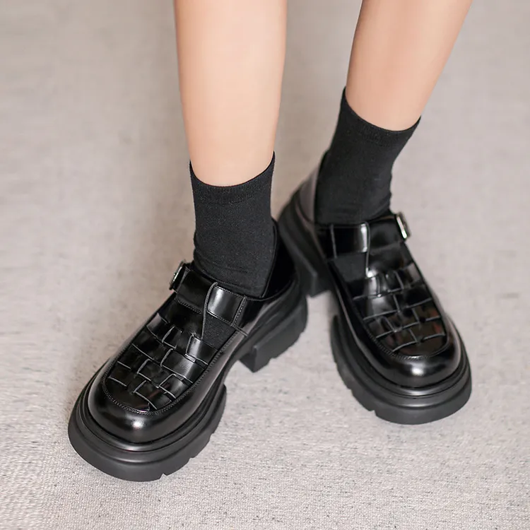 2024新玛丽珍女鞋黑色小皮鞋厚底编织乐福鞋女真皮轻便罗马单鞋